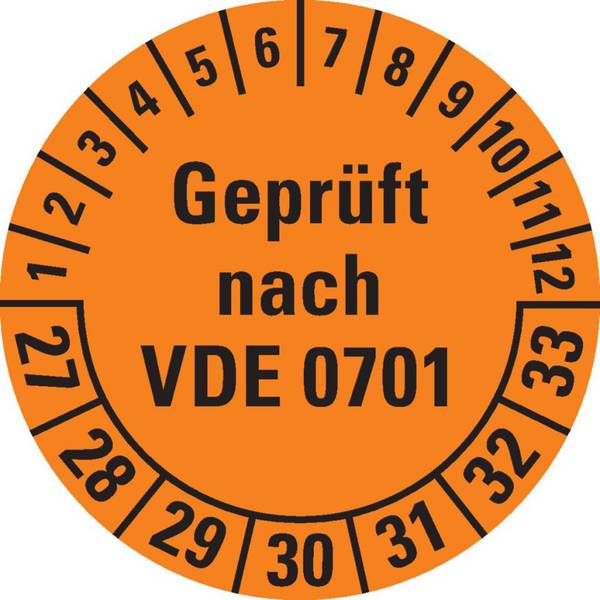 Prüfplakette geprüft nach VDE 0701, 27-33, orange, Dokumentenfolie, Ø 30mm, 108/Heft