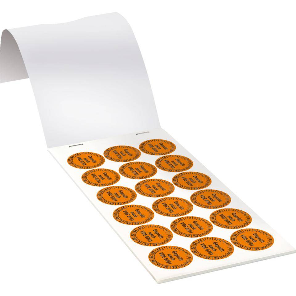 Prüfplakette geprüft nach VDE 0701, 27-33, orange, Dokumentenfolie, Ø 30mm, 108/Heft-1