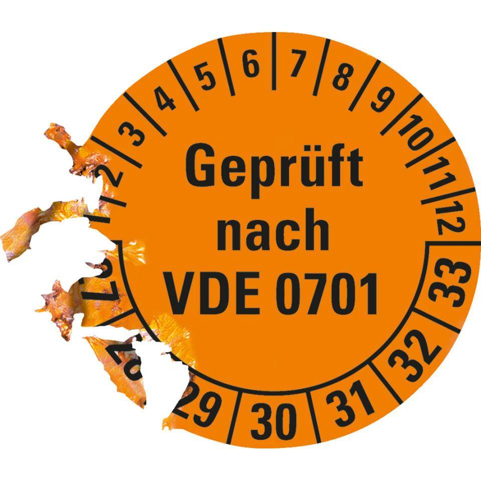 Prüfplakette geprüft nach VDE 0701, 27-33, orange, Dokumentenfolie, Ø 30mm, 108/Heft-2