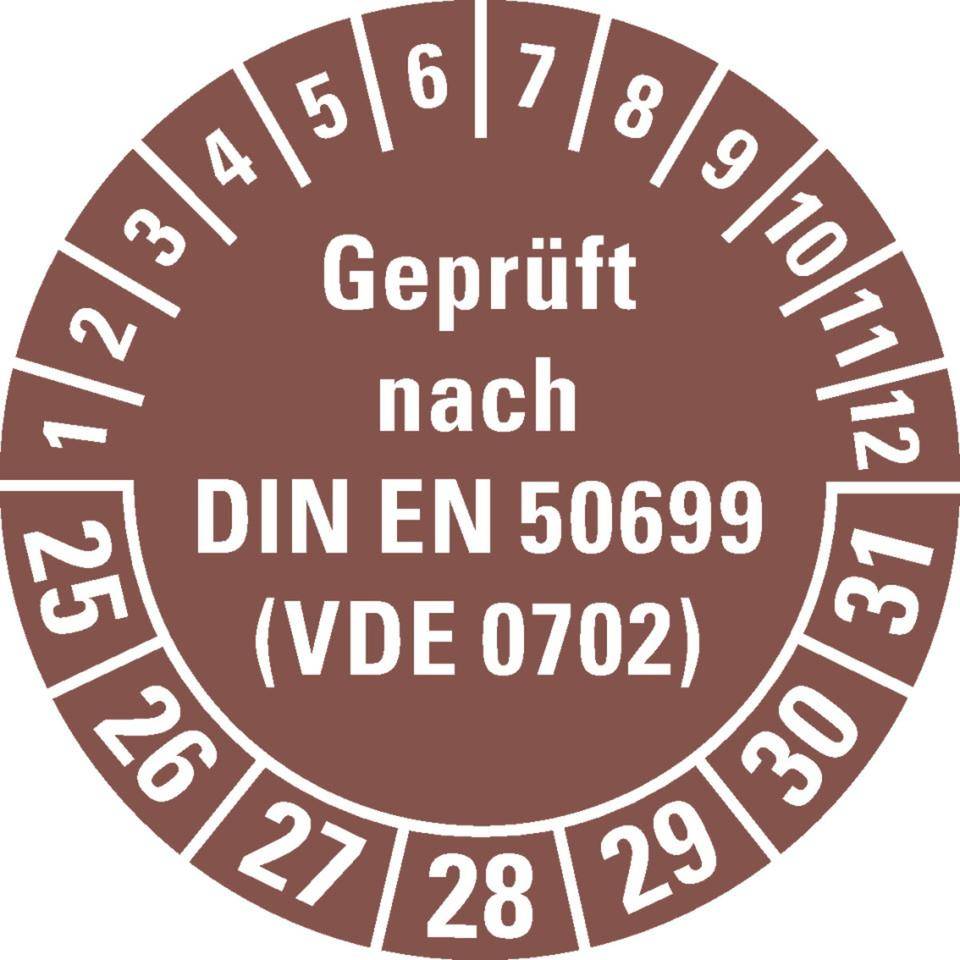 Prüfplakette geprüft nach DIN EN 50699(VDE 0702) 25-31, braun, Dokumentenfolie, Ø 30mm, 18/Bogen-0