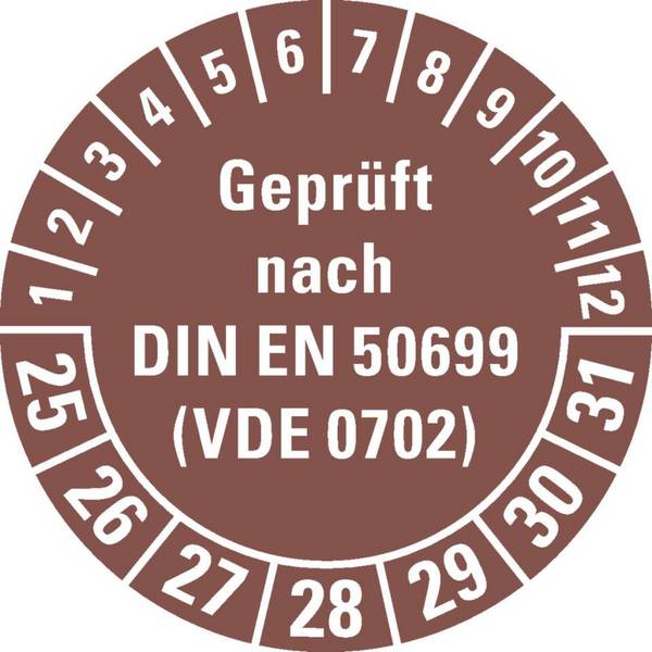 Prüfplakette geprüft nach DIN EN 50699(VDE 0702) 25-31, braun, Dokumentenfolie, Ø 30mm, 18/Bogen