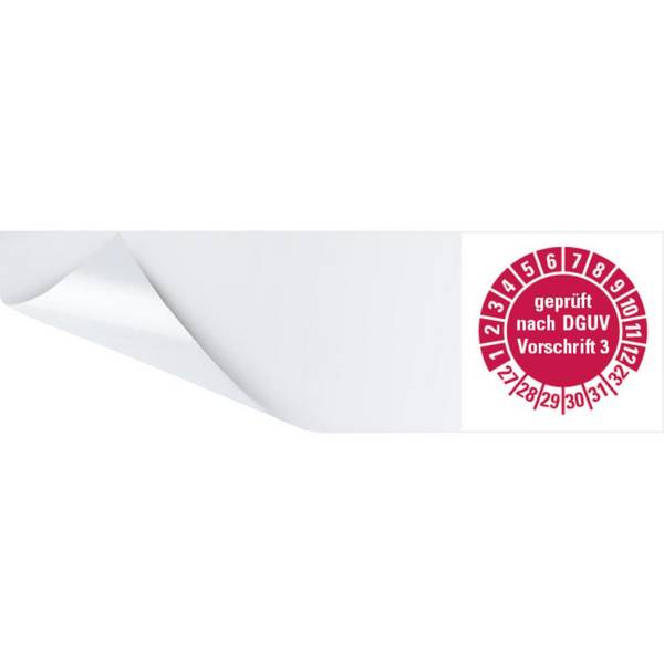 Kabelprüfplakette geprüft n. DGUV 3 27-32, rot, Folie, selbstklebend, 57x25mm, 6/Bogen