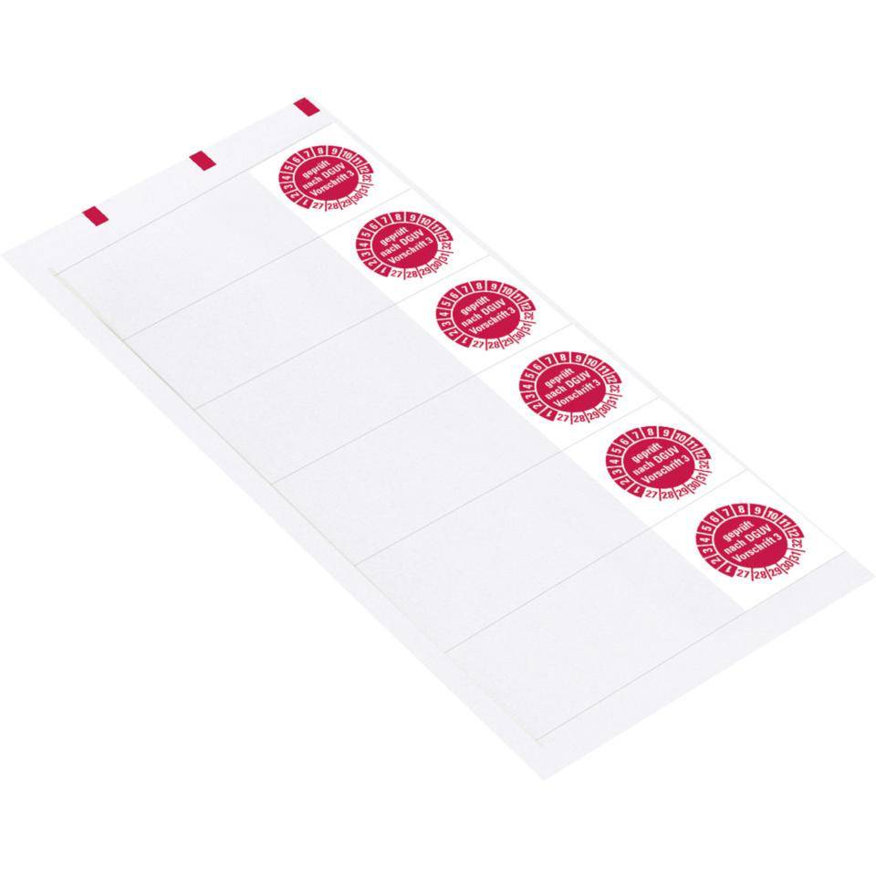 Kabelprüfplakette geprüft n. DGUV 3 27-32, rot, Folie, selbstklebend, 57x25mm, 6/Bogen-1