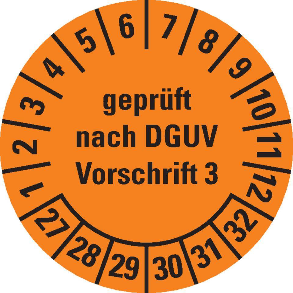 Prüfplakette geprüft nach DGUV Vorschrift 3 27-32, orange, Dokumentenfolie, Ø15mm, 60/Bogen-0
