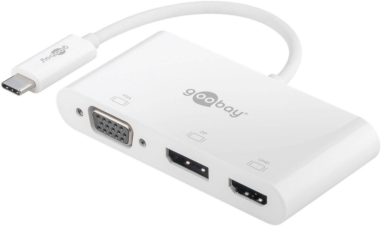 Goobay 52412 USB-C Adapter Multiport USB Hub für Monitore 3 Ports DisplayPort, VGA & HDMI Buchse 4K@60Hz Verteiler, Weiß