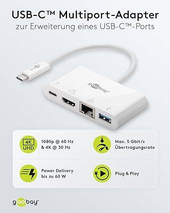 Goobay 62105 USB-C Adapter Multiport 4 Ports 4K HDMI 60W Power Delivery USB-C USB 3.0 RJ45 Ethernet Hub Verteiler-1