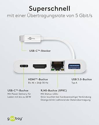 Goobay 62105 USB-C Adapter Multiport 4 Ports 4K HDMI 60W Power Delivery USB-C USB 3.0 RJ45 Ethernet Hub Verteiler-3