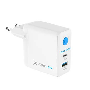 Ladegerät XLayer 65W Power Saver Ladegerät USB Typ C + Typ A mit Strom-Stopp-Funktion weiß