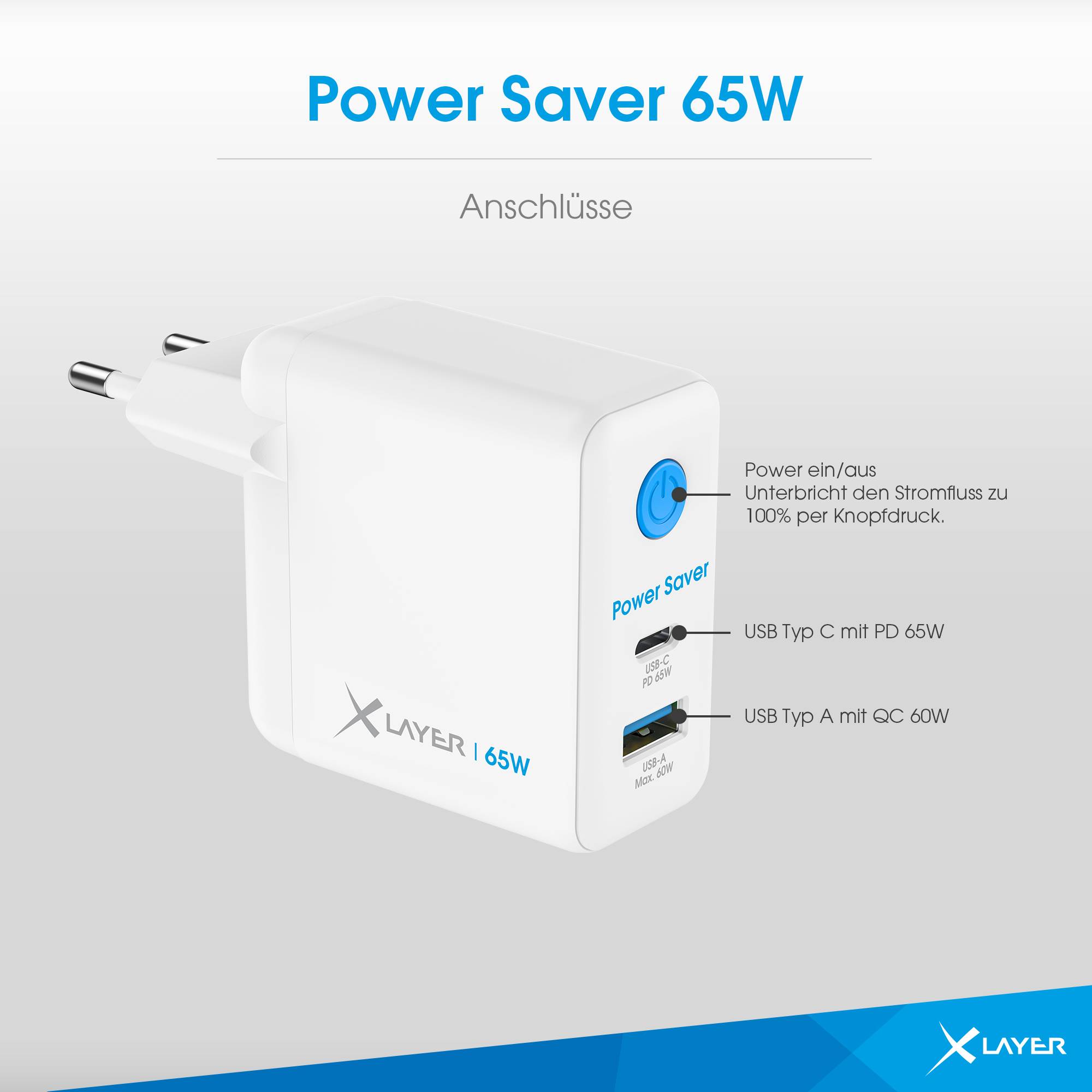 Ladegerät XLayer 65W Power Saver Ladegerät USB Typ C + Typ A mit Strom-Stopp-Funktion weiß-3