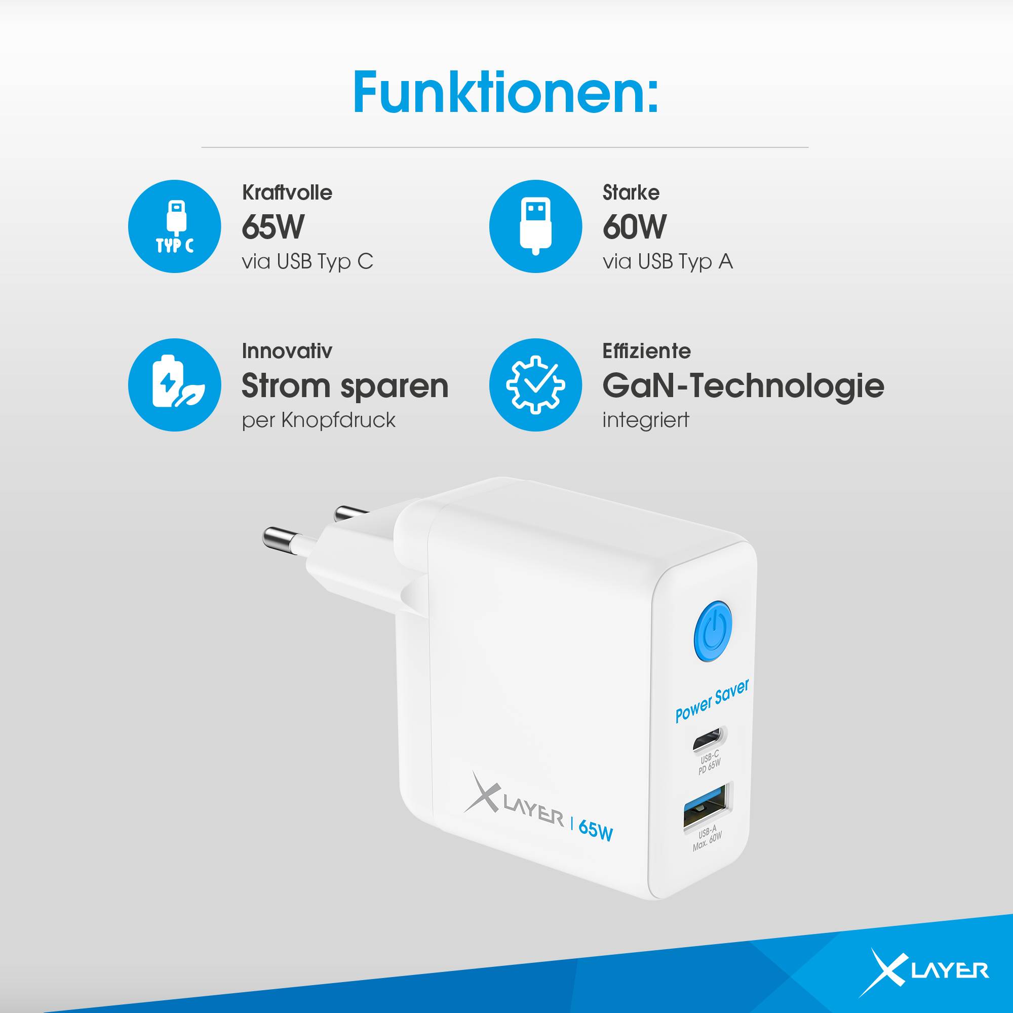 Ladegerät XLayer 65W Power Saver Ladegerät USB Typ C + Typ A mit Strom-Stopp-Funktion weiß-4
