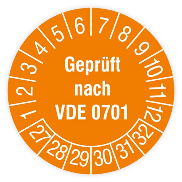Prüfplakette, Geprüft nach VDE 0701, 2027 - 2032, Dokumentenfolie, Ø 30 mm, Heft
