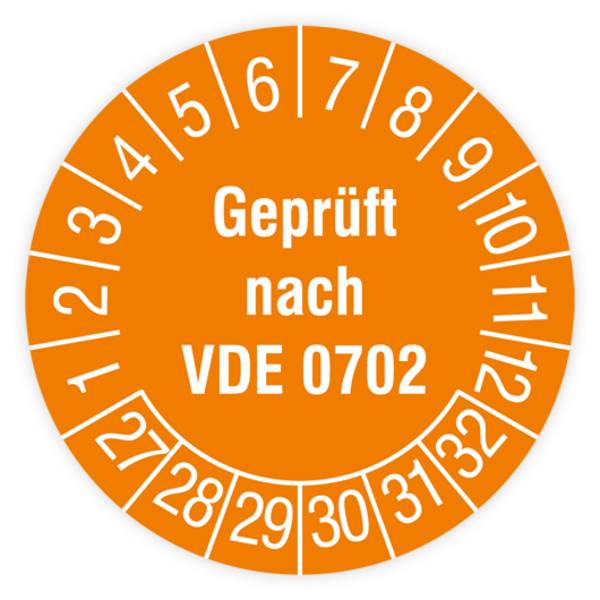 Prüfplakette, Geprüft nach VDE 0702, 2027 - 2032, Dokumentenfolie, Ø 30 mm, Heft