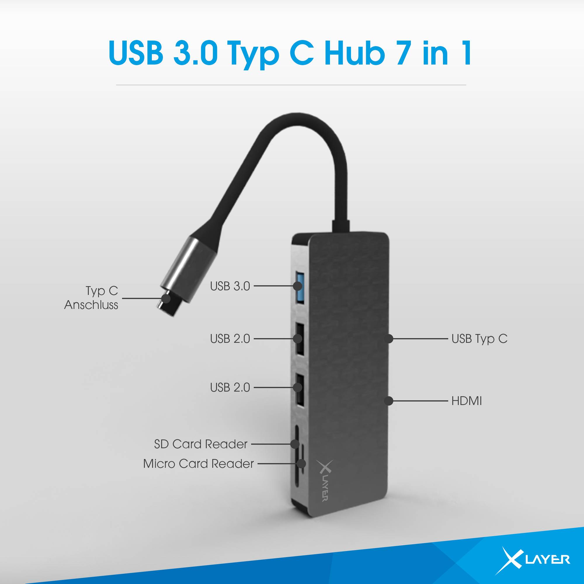 Xlayer USB 3.0 Typ C Hub 7 in 1 Grau-3