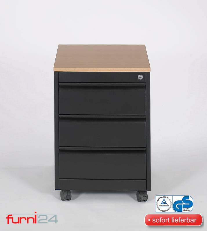 Rollcontainer, 3 Schübe, Farbe schwarz RAL 9005 pulverbeschichtet / Buche-0