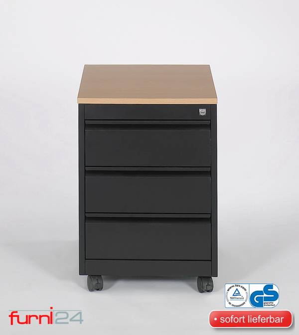 Rollcontainer, 3 Schübe, Farbe schwarz RAL 9005 pulverbeschichtet / Buche