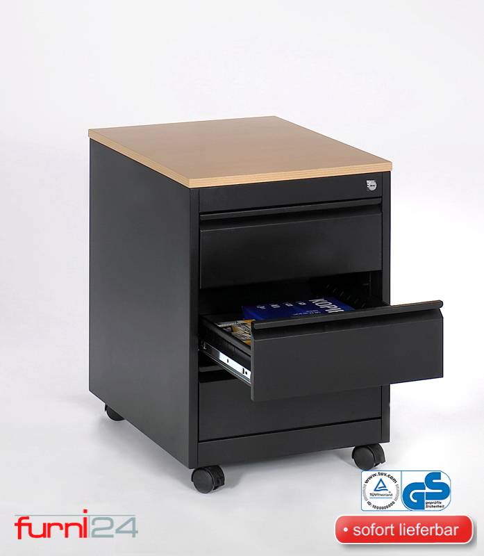 Rollcontainer, 3 Schübe, Farbe schwarz RAL 9005 pulverbeschichtet / Buche-1
