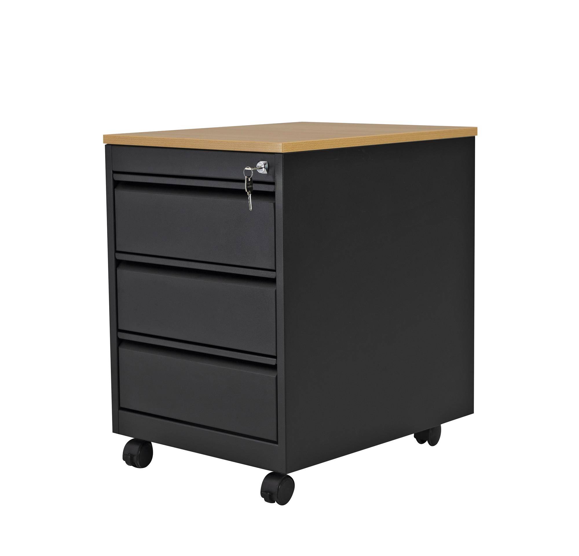 Rollcontainer, 3 Schübe, Farbe schwarz RAL 9005 pulverbeschichtet / Buche-2