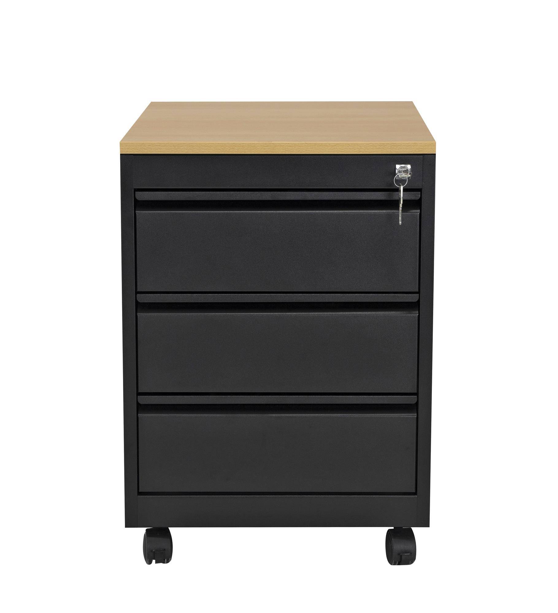 Rollcontainer, 3 Schübe, Farbe schwarz RAL 9005 pulverbeschichtet / Buche-3