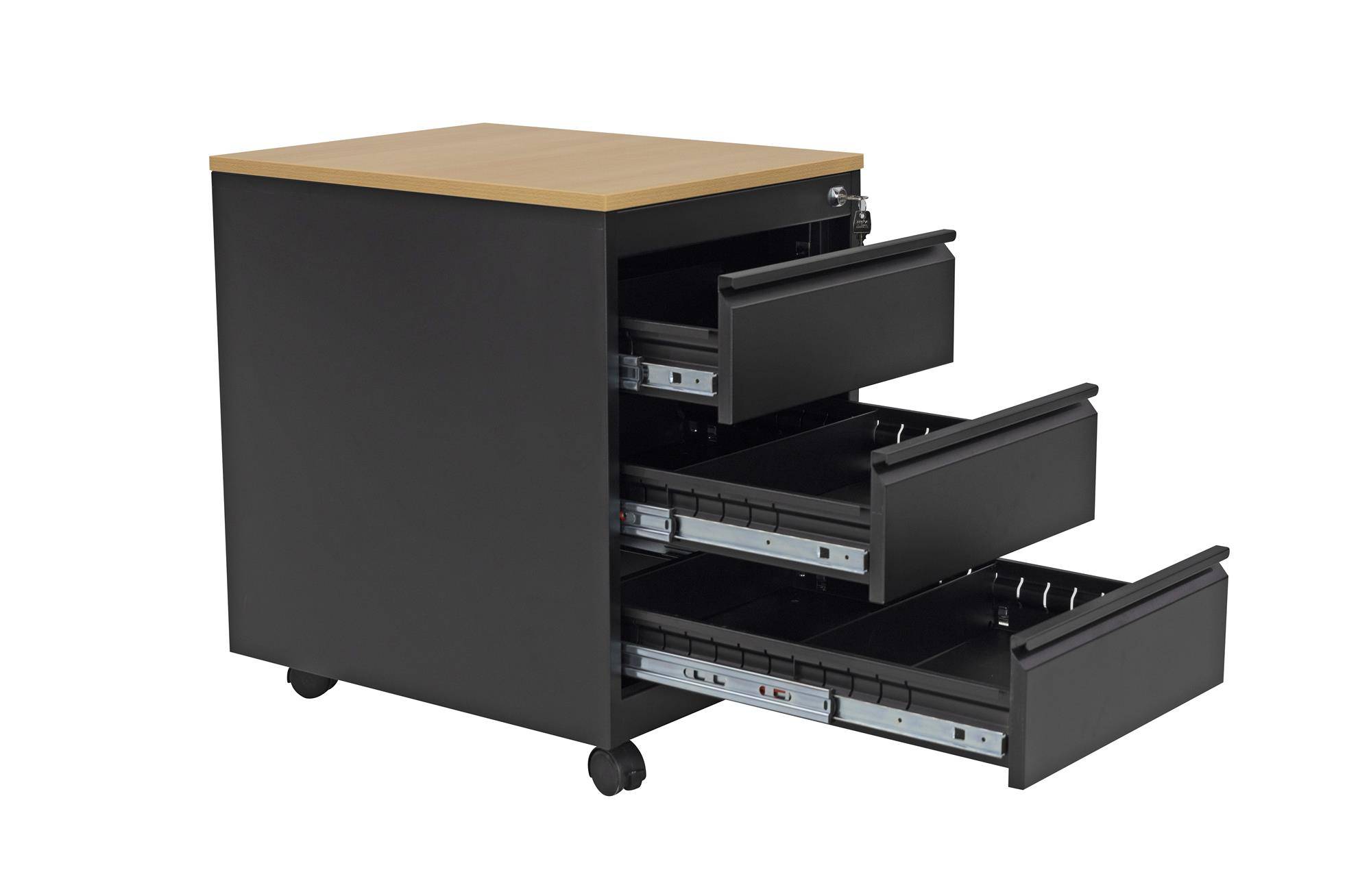 Rollcontainer, 3 Schübe, Farbe schwarz RAL 9005 pulverbeschichtet / Buche-4