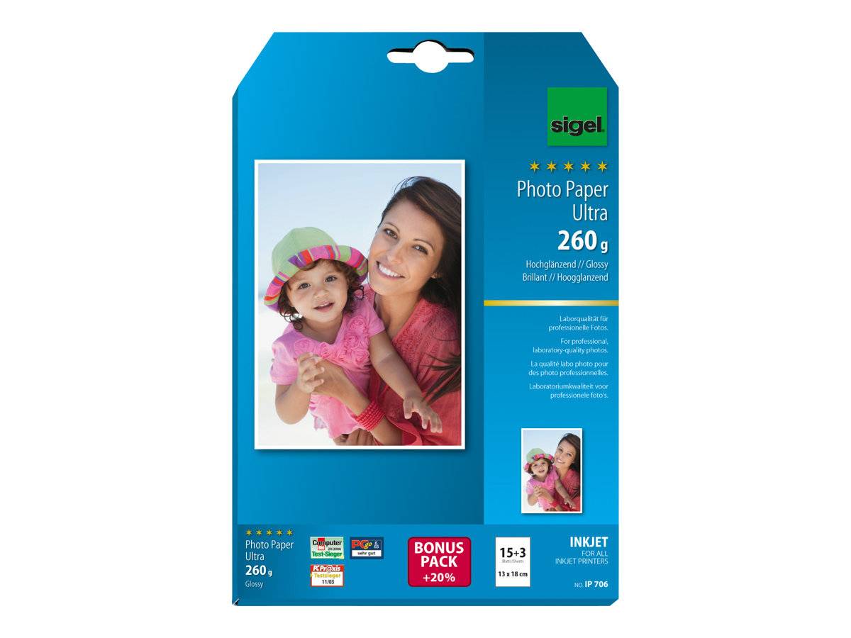 Sigel InkJet Ultra Photo Paper IP706 - Glänzend - Glänzend Weiß - 130 x 180 mm - 260 g/m² - 18 Blatt Fotopapier-0