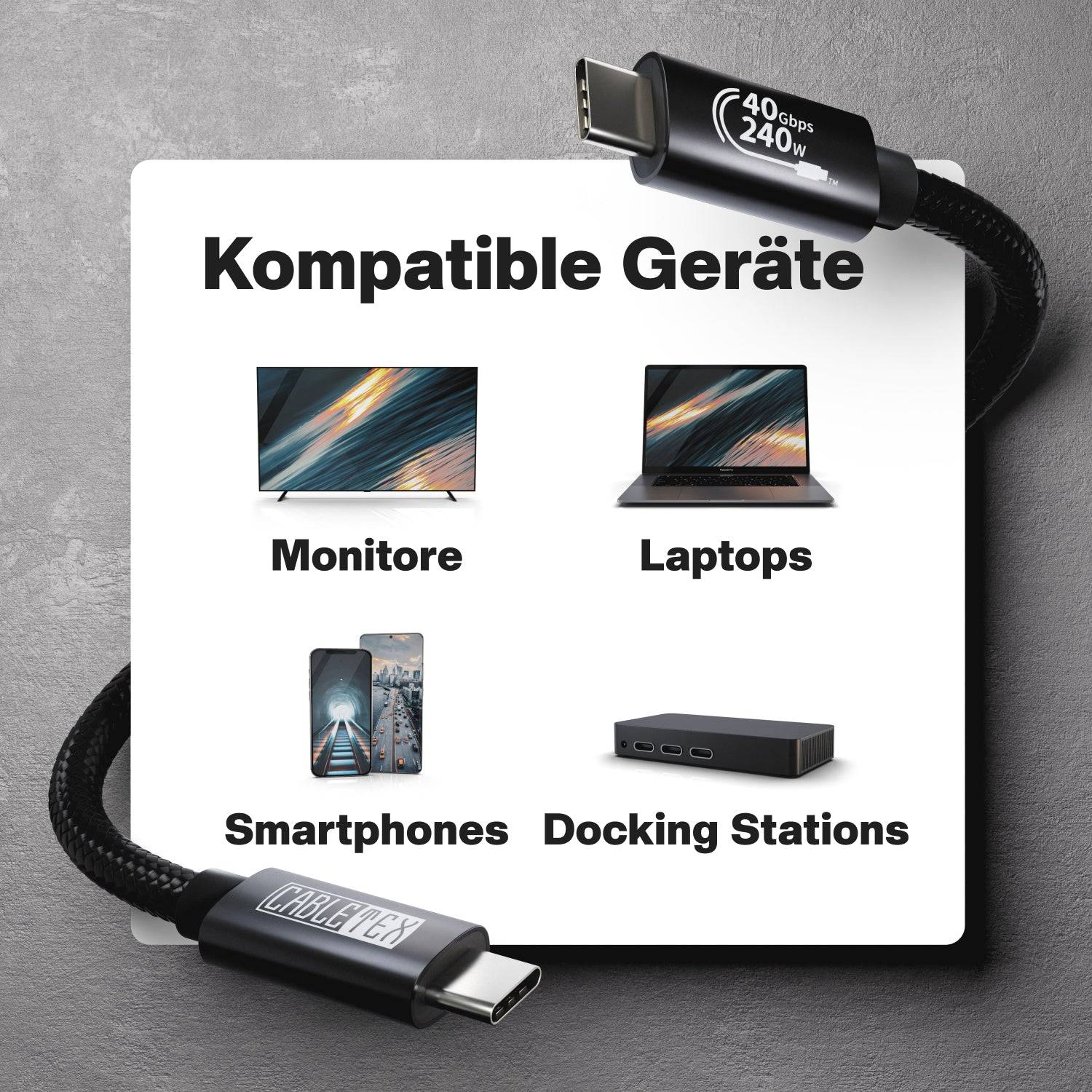 CABLETEX USB4 Gen3x2 USB C Kabel für Thunderbolt 3, Monitorkabel mit 240W Power Delivery und 40 Gbit/s Datenübertragung-2