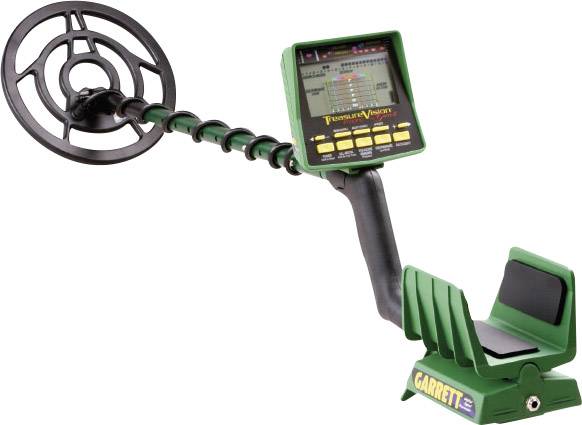 Metalldetektor mit Anzeige und großer Suchspule, grünes und schwarzes Design.