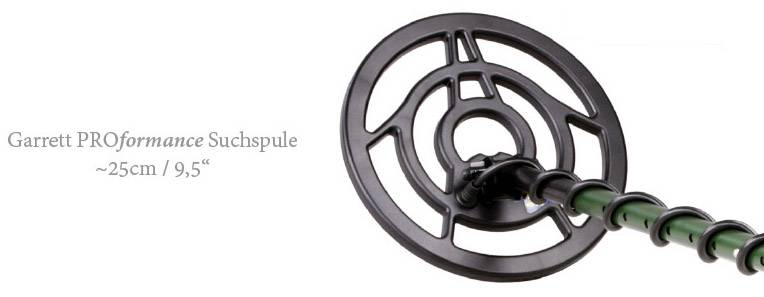 'Metalldetektor-Suchspule, Modell Garrett PROformance, Durchmesser ca. 25 cm (9,5 Zoll), schwarze Farbe, geeignet für verschiedene Bodentypen.'