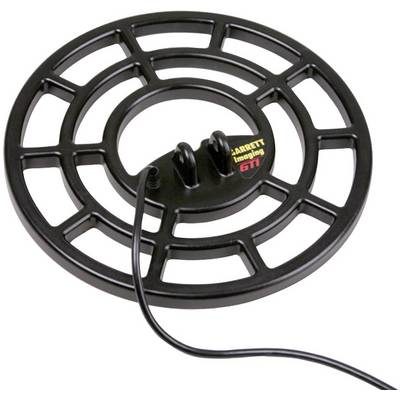 Eine schwarze, runde Suchspule mit einem Kabel, verwendet für Metalldetektoren. Sie hat mehrere Radialstreben zur Verstärkung.