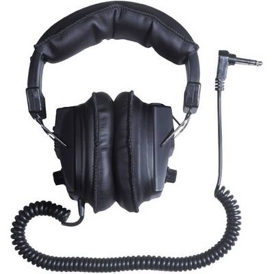 Schwarzer, gepolsterter Over-Ear-Kopfhörer mit spiralförmigem Kabel und 3,5-mm-Stecker. Perfekt für Studio- oder Heimgebrauch.