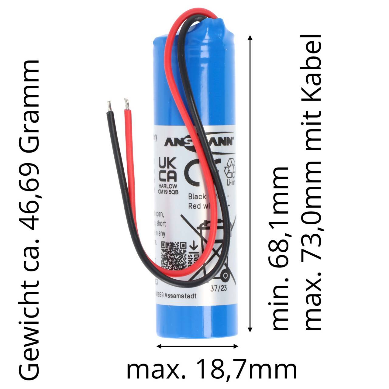 Akkupack Li-ion 3,7V 2600mAh 1S1P mit 10cm Kabel, 1INR19 / 66-1, 2347-3008-06-4