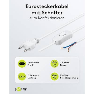 Goobay 51349 Netzkabel mit Schalter Euro Kabel Eurostecker abisolierte  Kabelenden 2-polig Schnurschalter Weiß 1.50 m kaufen