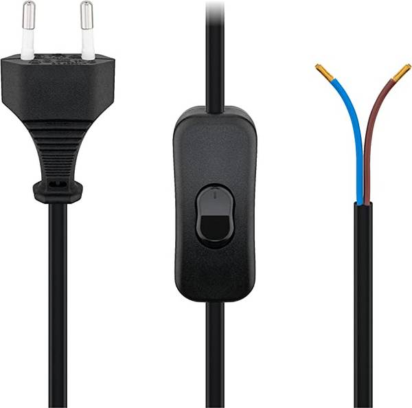 Goobay 51350 Netzkabel mit Schalter Euro Kabel Eurostecker abisolierte Kabelenden 2-polig Schnurschalter Schwarz 1.50 m