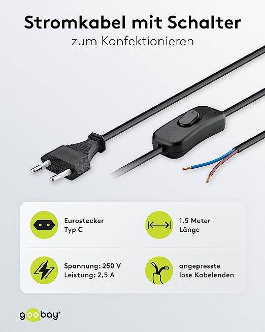 Goobay 51350 Netzkabel mit Schalter Euro Kabel Eurostecker abisolierte Kabelenden 2-polig Schnurschalter Schwarz 1.50 m-1