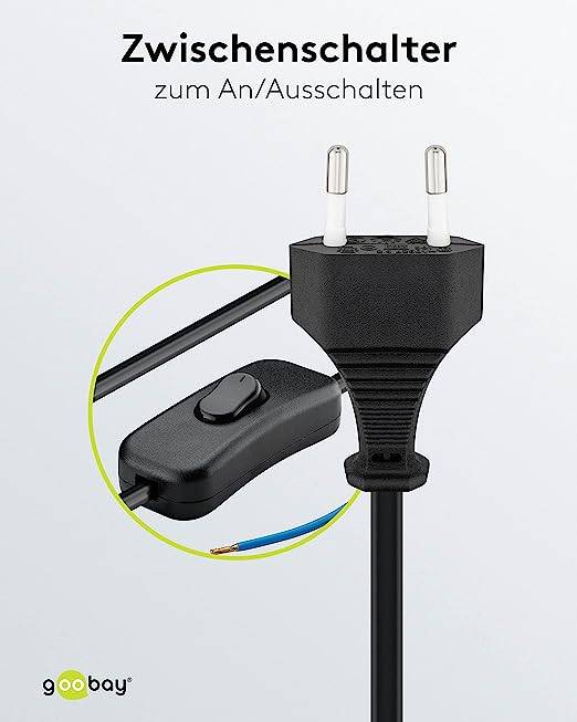 Goobay 51350 Netzkabel mit Schalter Euro Kabel Eurostecker abisolierte Kabelenden 2-polig Schnurschalter Schwarz 1.50 m-2