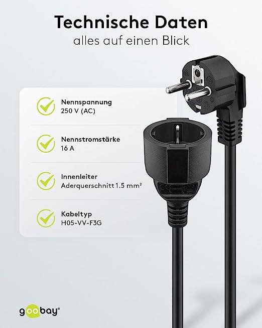Goobay 93093 Verlängerungskabel mit Schutzkontaktstecker 250V Schutzkontakt 3 Meter Stromkabel Verlängerung Schwarz 3m-3