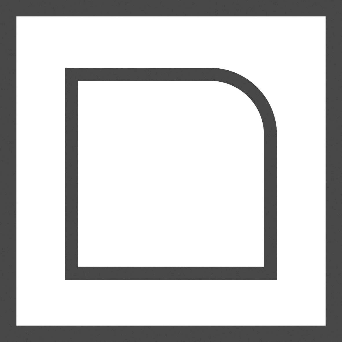 Ein schwarzes Quadrat mit einer abgerundeten oberen rechten Ecke auf einem weißen Hintergrund.