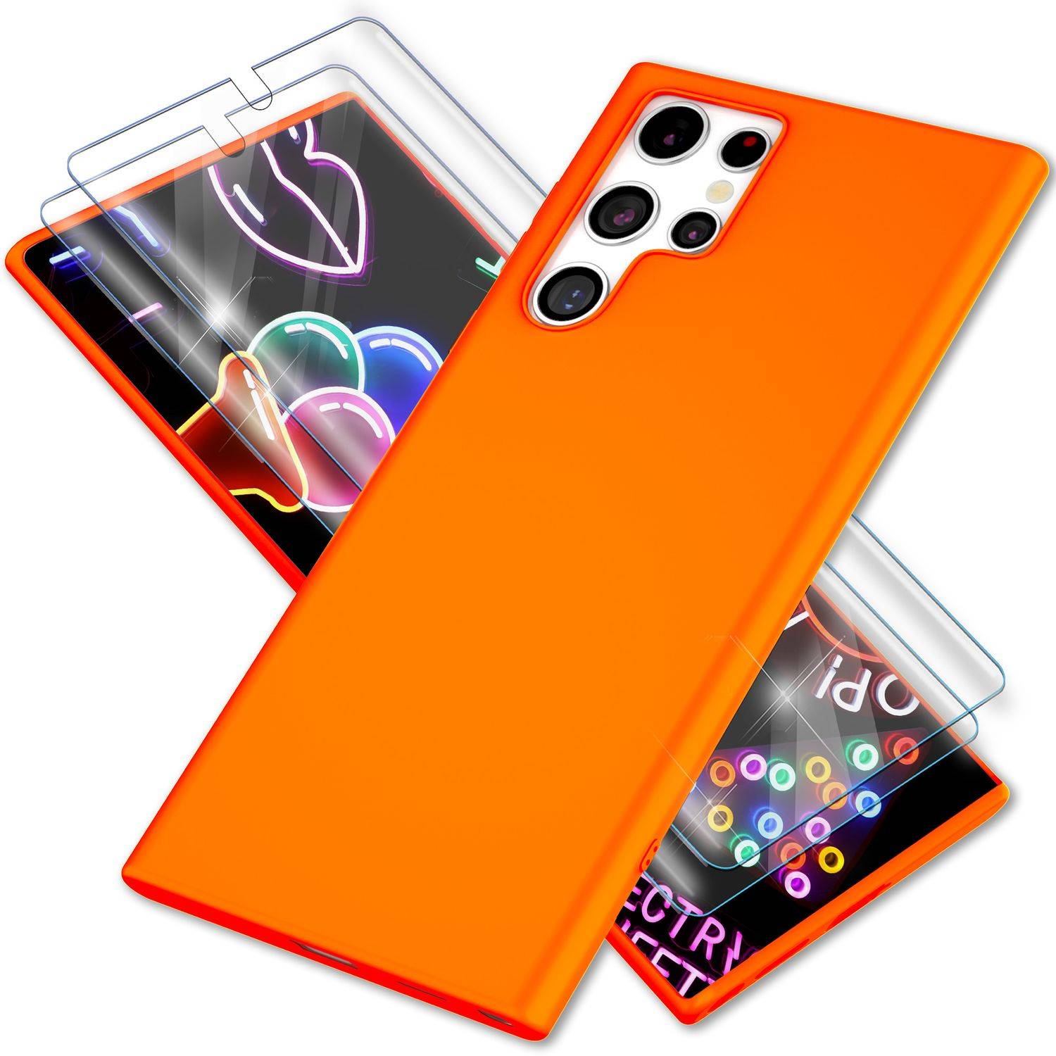 Bunte Neon Silikon Hülle für Samsung Galaxy S23 Ultra, 2x Displayschutz Orange-0
