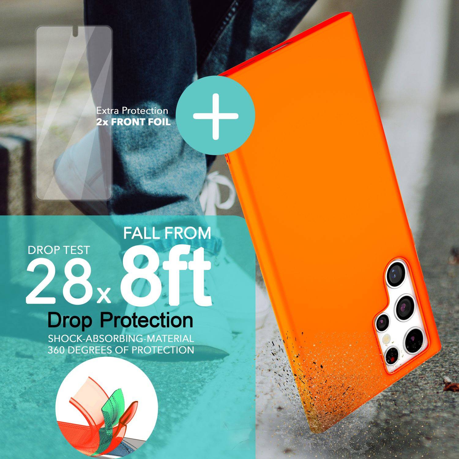 Bunte Neon Silikon Hülle für Samsung Galaxy S23 Ultra, 2x Displayschutz Orange-1