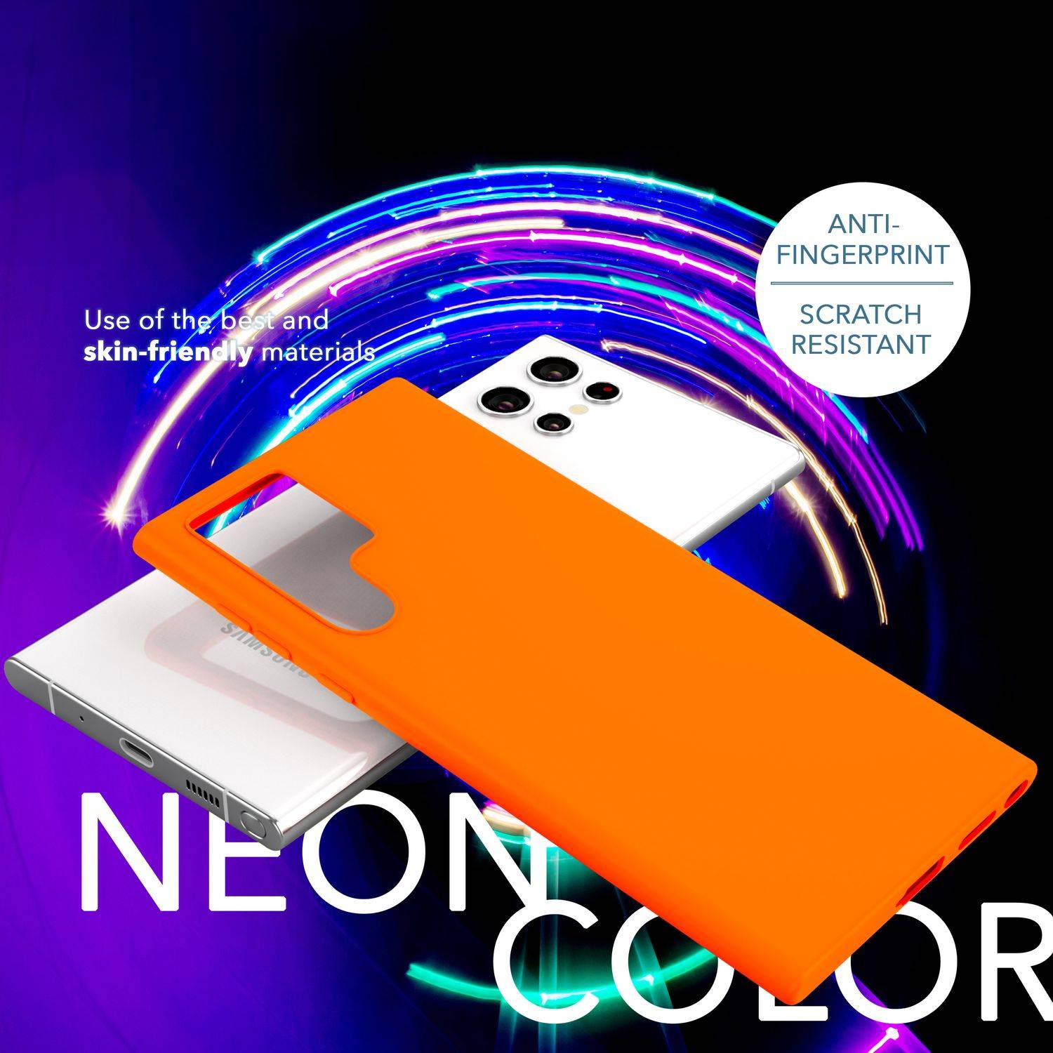 Bunte Neon Silikon Hülle für Samsung Galaxy S23 Ultra, 2x Displayschutz Orange-2