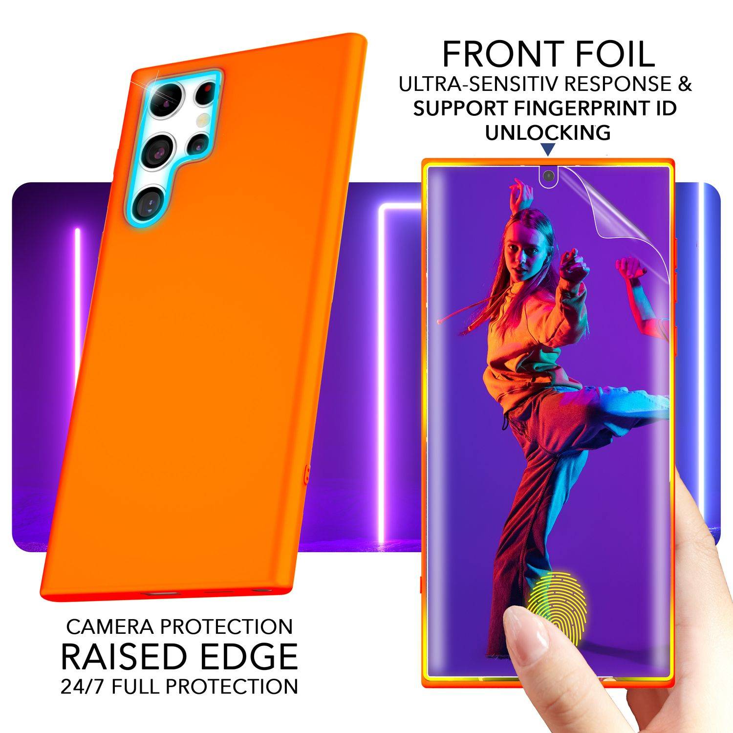 Bunte Neon Silikon Hülle für Samsung Galaxy S23 Ultra, 2x Displayschutz Orange-4