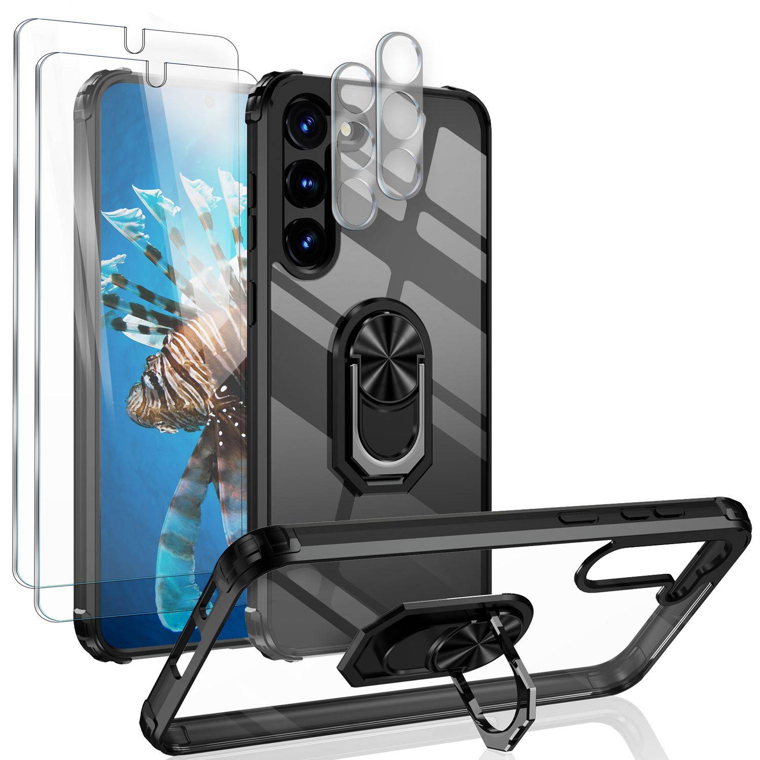 Klare Ring Hülle für Samsung Galaxy S23, 2x Displayglas & Kameraschutz, Schwarz-0