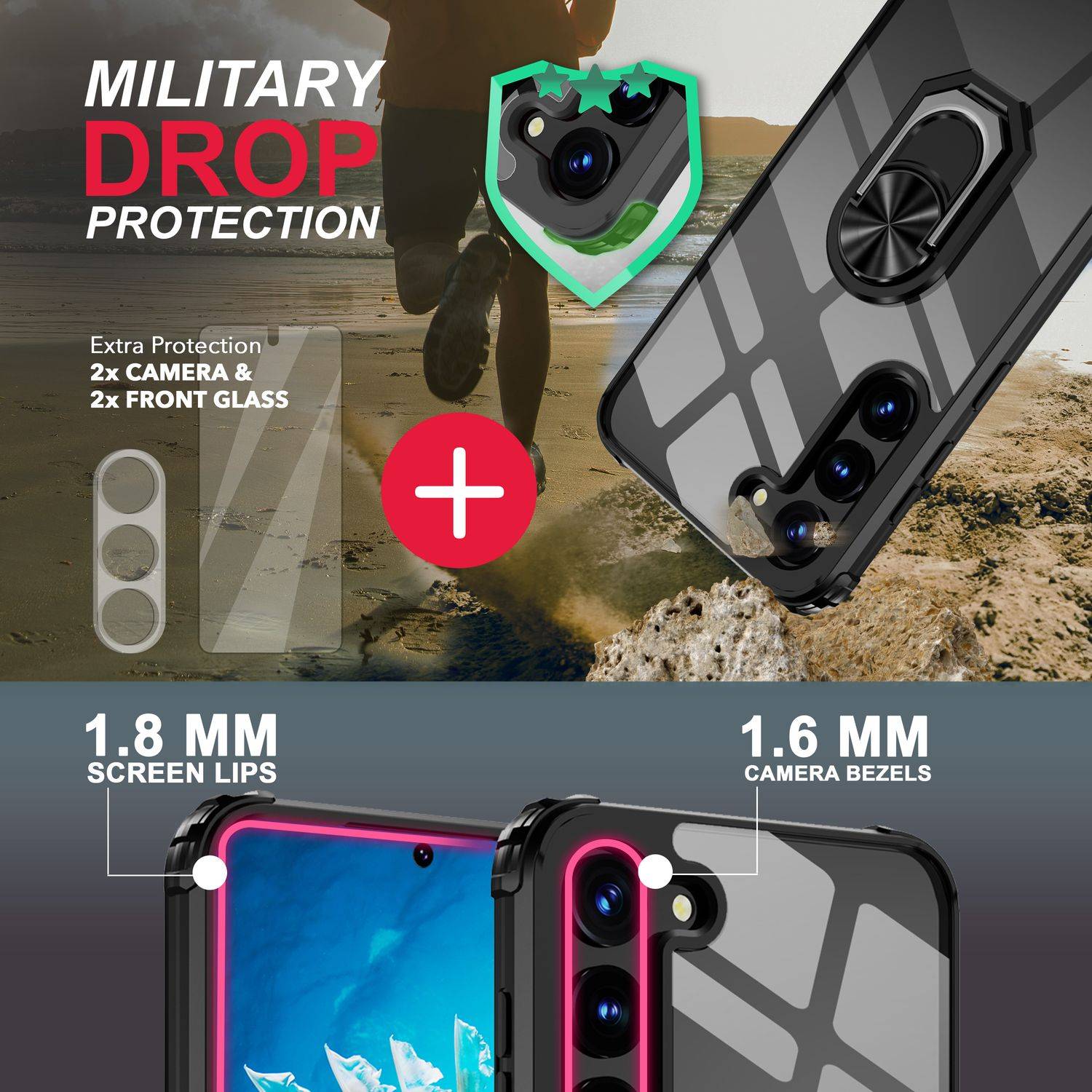 Klare Ring Hülle für Samsung Galaxy S23, 2x Displayglas & Kameraschutz, Schwarz-1