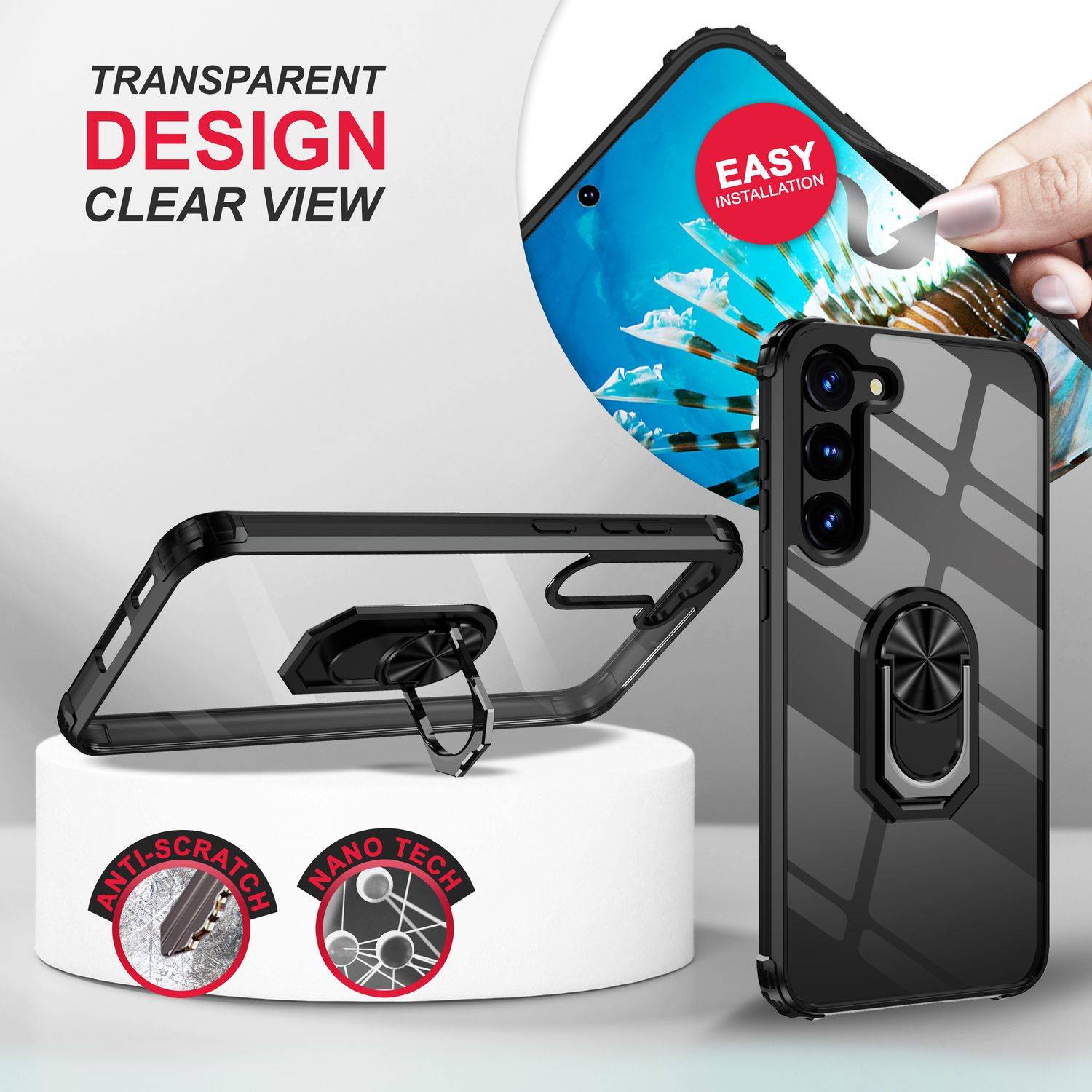 Klare Ring Hülle für Samsung Galaxy S23, 2x Displayglas & Kameraschutz, Schwarz-2
