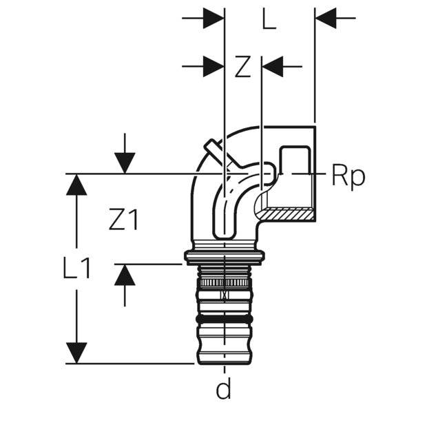 GEBERIT Mepla Übergangsbogen 90Gr mit IG d16-Rp1/2-2