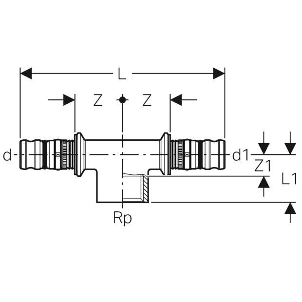 Geberit Mepla T-Stück mit Innengewinde, D 26mm, Rp 3/4", D1 Rotguss bleifrei-1