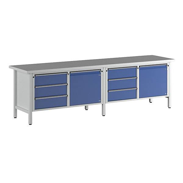 Werkbank Breite 2800 mm Gestellbauweise 2 Türen 6 Schubladen mit Vollauszug Universalplatte. Anton Kessel GmbH-0