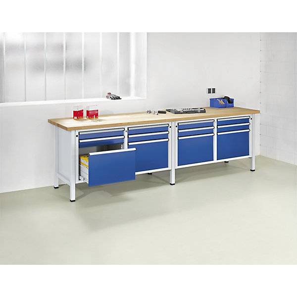 Werkbank Breite 2800 mm Gestellbauweise 8 Schubladen Höhe 890 mm Buchemassivplatte. Anton Kessel GmbH |-1