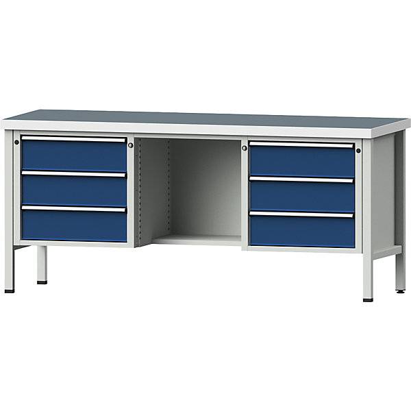 Werkbank Gestellbauweise Serie V 6 Schubladen ½ Ablageboden Höhe 890 mm Universalplatte. Anton Kessel GmbH |-1