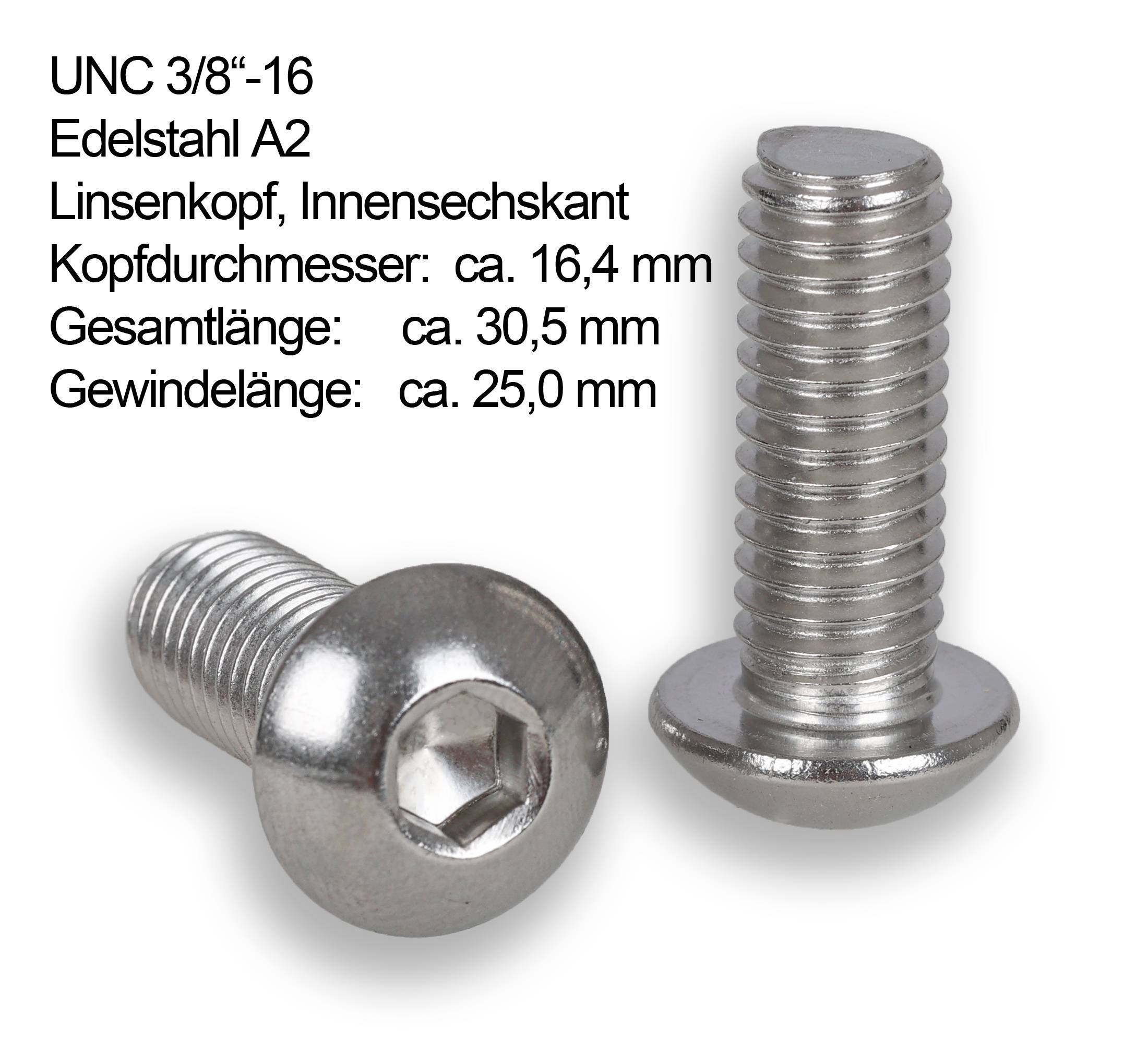 A2 Linsenkopf-Schrauben UNC 3/8"-16 Zoll Gewinde (2er Set), Gesamtlänge 30,5mm, Innensechskant-0
