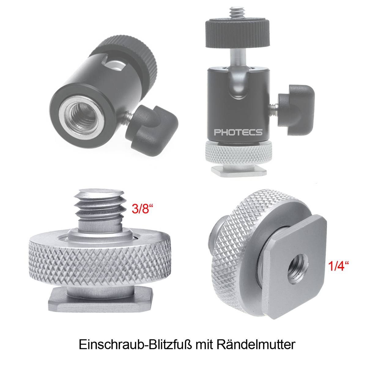 Photecs® Blitzschuh Adapter 3/8", Einschraub-Blitzfuß, komplett aus hochfester Aluminium-Legierung,-0
